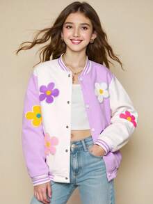 SHEIN Girls' Casual Colorful 3D Floral Contrast Color Baseball Jacket, Spring/Autumn Fall Winter - Purple - View 3