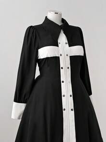 Sunspun 大码连衣裙时尚朋克深色衬衫领黑白撞色腰长袖短裙交叉衬衫裙哥特式连衣裙 - 黑與白 - 查看 3