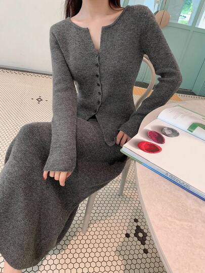 DAZY Women's Solid Color Fitted Waist Long Sleeve Cardigan & A-Line Skirt Elegant Casual Autumn/Winter 2 Pieces Knit Sweater Set