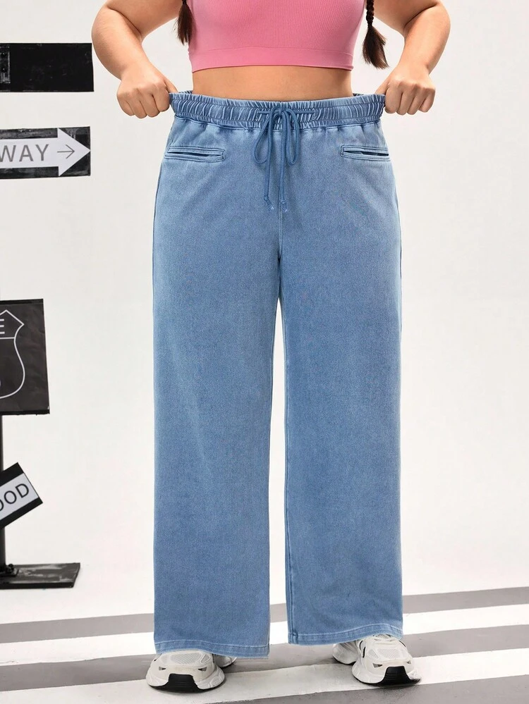 Flexra Oversized Sports Casual Straight Knit Jeans - Light Wash - View 4