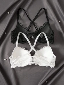 SHEIN 2件套前开扣性感蕾丝拼接女士文胸内衣套装 - 彩色 - 查看 2