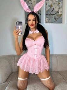 Fantasy Costume Bộ trang phục cô gái thỏ gợi cảm Halloween: Váy ren hai dây có lông mi, băng đô, vòng cổ, tất lưới, 6 món. - Màu Hồng baby - Xem 6