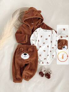 SHEIN 3 件套男婴可爱棕熊耳朵连帽夹克、熊印花露肩连体衣和棕色毛茸茸裤子休闲装，适合户外玩耍或舒适的家居穿着，百搭冬季套装 - 棕色 - 查看 8