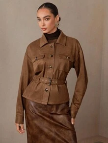 Modelyn 女士时尚实用风格系带绒面革夹克，休闲秋冬棕色系带夹克女士棕色衬衫夹克绒面革夹克女士秋冬 - 棕色 - 查看 3