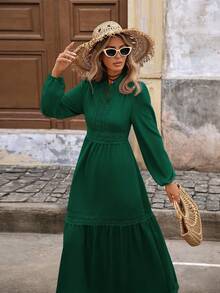 Brillora Váy Maxi Tay Dài Ôm Eo Màu Trơn Phong Cách Đường Phố Cho Nữ - Màu xanh lá cây đậm - Xem 7