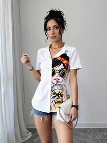 Selianne 女士可爱女孩印花短袖衬衫、短袖上衣 - 白色 - 查看 4