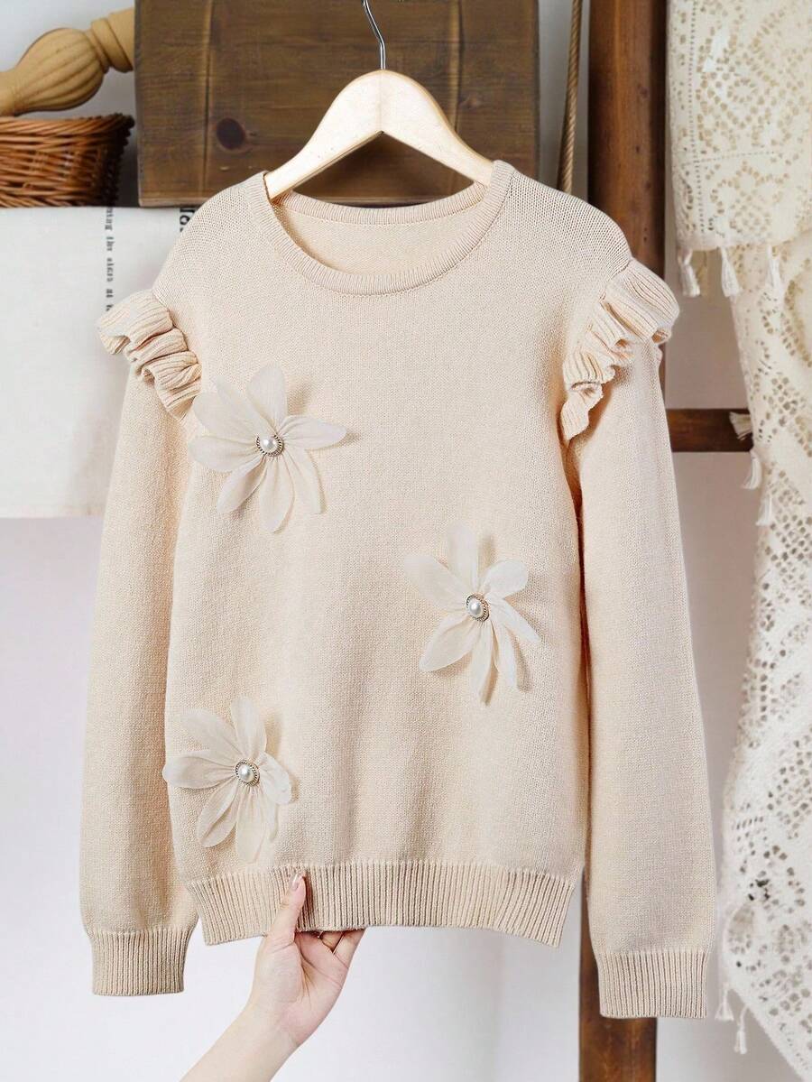 SHEIN كنزة صوفية للبنات المراهقات بتصميم زهور ثلاثية الأبعاد جديدة مع ديكور رقيق وتفاصيل رقعة وحافة مكشكشة، مناسبة للخروجات والحفلات والعودة إلى المدرسة - بيج - مشاهدة 1