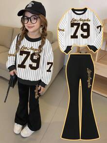 Bộ áo nỉ cổ tròn in chữ Collegiate 79 và quần ống loe thường ngày cho bé gái trở lại trường, trang phục đa năng cho mùa thu/đông - Nhiều màu - Xem 3