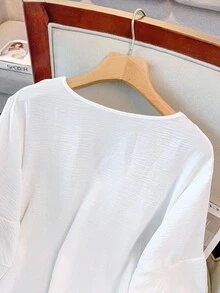 GlowEve CURVE Plus Solid V Neck Flounce Sleeve Blouse - White - View 7