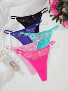 SHEIN 5 pièces/set Culottes tanga en dentelle confortables pour femmes