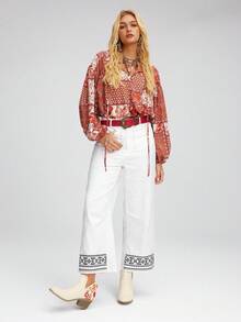 Styleloop 女士时尚刺绣后拉链粗跟西部靴，踝靴，适合万圣节派对的牛仔靴 - 米色 - 查看 10