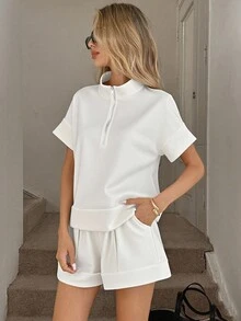 Easowa 2件套女士休闲宽松拉链Polo领上衣T恤和口袋短裤套装白色套装两件套女士短袖白色短套装女士短套装舒适两件套