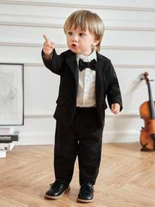 Souflis Souflis 2 pièces Costume rétro français pour bébé garçon Automne/Hiver 2025 Nouvelle veste texturée noire avec nœud papillon, Top à manches longues et pantalon noir. Tenue élégante pour anniversaire, fête, occasions formelles en automne