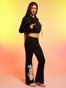 SpongeBob SquarePants | SHEIN 女士休闲日常通勤趣味可爱卡通印花拉链抽绳连帽短款运动衫和喇叭裤两件套，春秋 - 黑色 - 查看 4