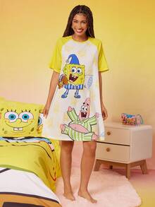 SpongeBob SquarePants | SHEIN 女士可爱卡通印花撞色插肩袖宽松睡衣连衣裙，夏季，哞哞睡裙 - 黃色 - 查看 5