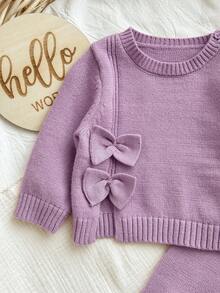 SHEIN 新生女婴可爱秋冬休闲粉色蝴蝶结针织毛衣和松紧腰裤两件套 - 紫色 - 查看 6