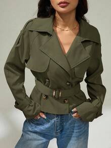 SHEIN PETITE Beige Button-Down Drawstring Trench Coat Women's In Fall/Winter