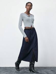 Maija Chân váy denim trơn màu đơn sắc dành cho nữ có túi và đai thắt lưng, đa năng và thời trang - Rửa tối - Xem 4
