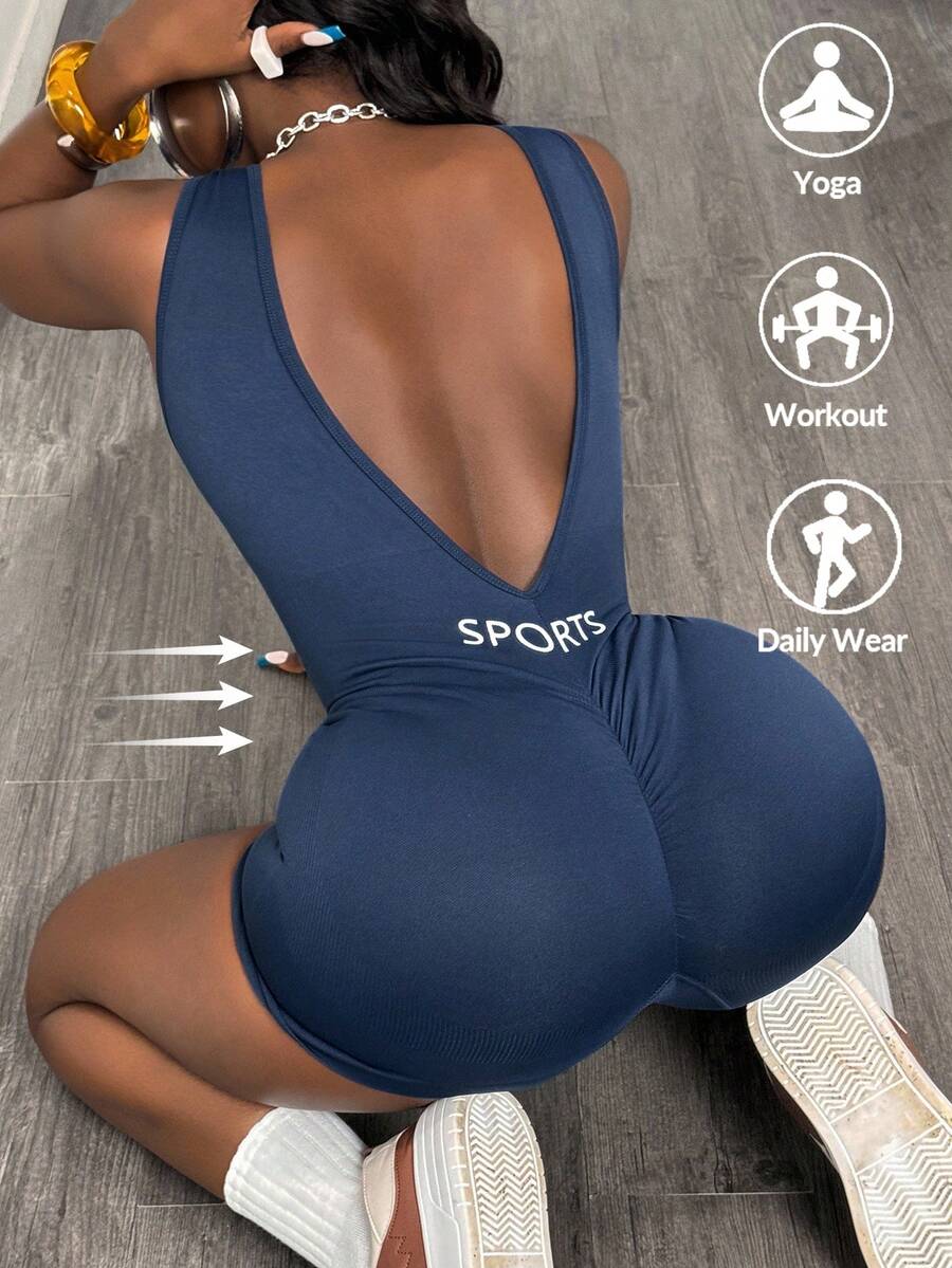 Slaydiva 女士運動連身衣，性感露背健身連身衣 - 藏蓝色 - 查看 1