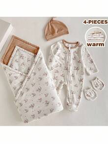 Loomiva Set 4 Potong untuk Bayi Baru Lahir Laki-laki/Perempuan: Jumpsuit Rajut Motif Kelinci Kartun Putih Lucu untuk Liburan Musim Dingin, Topi, Selimut Bedong & Sarung Tangan, Pakaian Musim Gugur dan Musim Dingin yang Lembut - MultiWarna - View 7