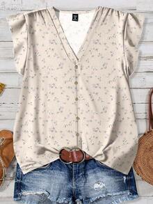 EMERY ROSE Plus Size Floral Pattern V-Neck Casual Shirt, Suitable For Fall/Winter - Apricot - View 1