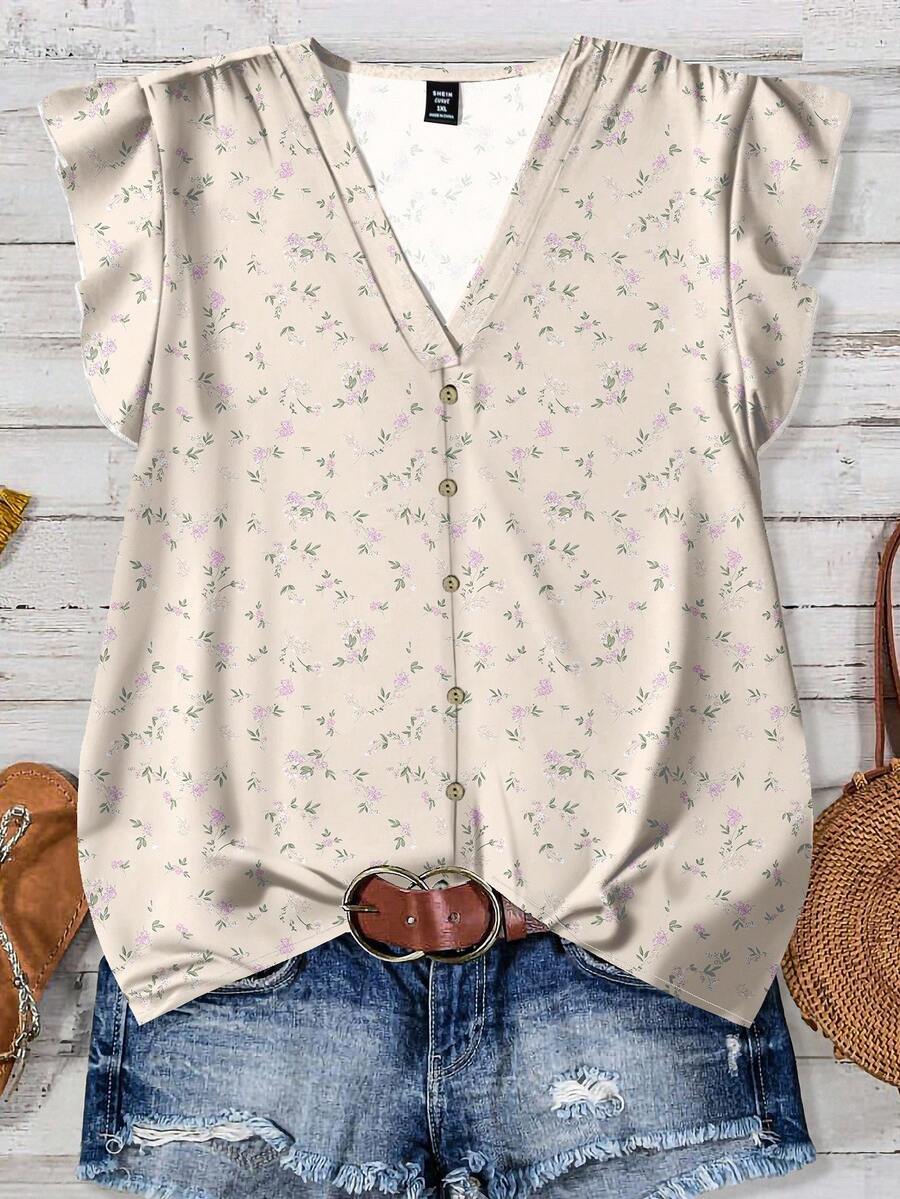 EMERY ROSE Plus Size Floral Pattern V-Neck Casual Shirt, Suitable For Fall/Winter - Apricot - View 1