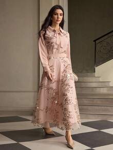 ZEYLAH Elegant Women's Long Sleeve Casual Shirt With Romantic Ribbon Collar And Sequin Decor - Apricot - View 5