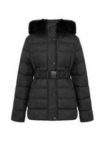 DAZY Women's Hooded Padded Coat With Fur Collar, Waist Cinched Winter Jacket - Black - View 8