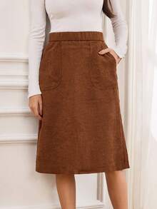 Miaspire Váy vải nhung kẻ túi eo cao - Cà phê nâu - Xem 6