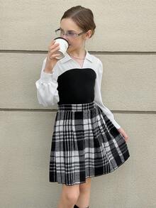 SHEIN 2 Stücke Mädchen Streetcool Set: Schwarz-Weiß Kontrast V-Ausschnitt Bluse mit aufgeblähten Laternenärmeln, Schwarz-Weiß karierter plissierter Minirock, geeignet für Lässig, Schulanfang, Urlaub im Frühling/Herbst - Schwarz und Weiss - Übersicht 6