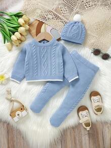 3pcs/Set Infant Cable Knit Sweater, Matching Pants And Hat, Blue Baby Boy Winter Clothes Baby Winter Outfit Toddler Knit Set Baby Blue Knitted Outfit Knit Baby Outfit Baby Boys Winter Clothes Baby Boys Fall Clothes Baby Boys Fall Outfits