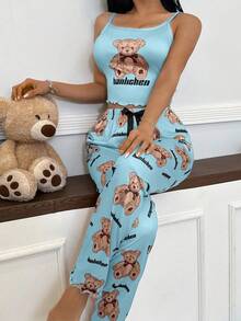 SHEIN 2pcs Cute Bear Print Camisole & Pants Pajama Set - Multicolor - View 3
