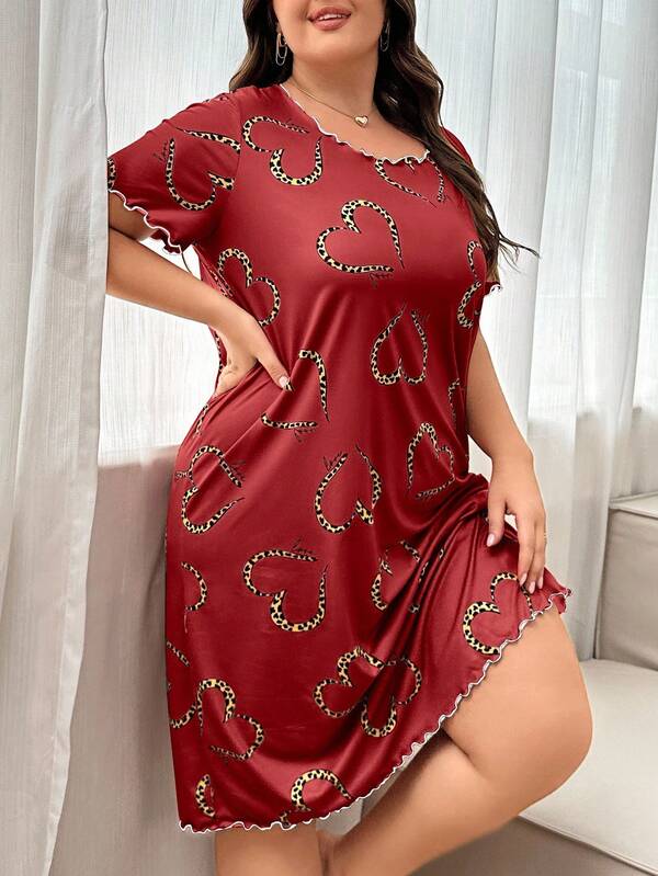 Plus Size Leopard Print Heart Allover Print Short Sleeve Dress Plus Size Nightgown Leopard Heart Nightgown Plus Size Pajama Dress Red Nightgown