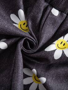 Elladie kids 2 件套 Tween Girl 活力假期向日葵、心形、人脸仿牛仔印花不对称短裤，蓝色和粉色组合，适合夏季外出 - 彩色 - 查看 2