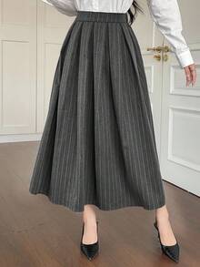 DAZY 女士休闲百褶条纹A字裙，秋冬女装半身裙 - 深灰色 - 查看 3