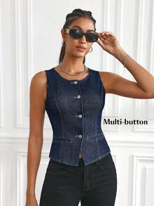 Flexra 女式圆领单排扣修身牛仔背心 - 深色水洗藍 - 查看 5