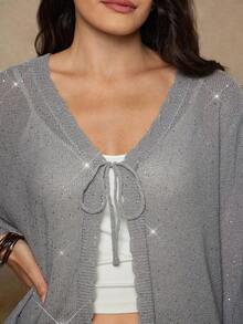 SHEIN VCAY Plus Size Fashionable Commuter Sequin Tie Cardigan Autumn Winter Clothes For Women - Grey - View 2