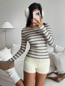 SHEIN EZwear 2pcs Casual Striped Long Sleeve Top And Shorts Set - Multicolor - View 5