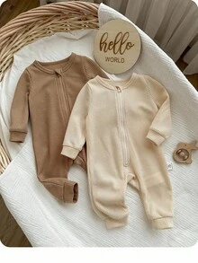 SHEIN 2pcs Newborn Baby Girl Baby Boy Daily Basic Neutral Cute Solid Color Knitted Long Sleeve Jumpsuit, Autumn/Winter Fall