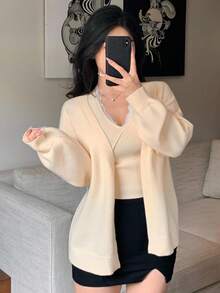 DAZY 2 件套女士优雅蕾丝拼布吊带背心开衫毛衣套装，秋季 - 杏色 - 查看 8