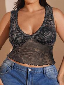 SHEIN BAE 大码性感动物纹网纱透视背心，适合秋季、校园、Y2K、乡村、复古、节日、婚礼宾客、夏季、正式场合、生日等各种场合，也是夏季上衣的理想之选。 - 咖啡棕 - 查看 6