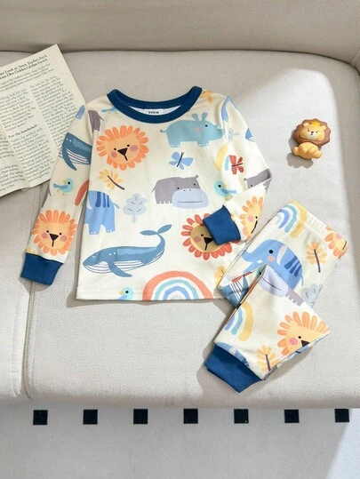 SHEIN 男婴舒适睡衣套装，花卉印花柔软针织圆领长袖上衣和松紧腰长裤