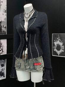 SHEIN Unity 女士复古钩针轻质开衫 - 黑色 - 查看 3
