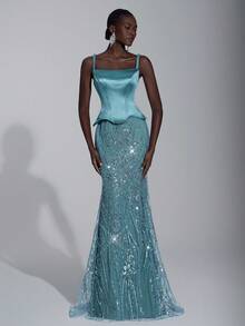 Elitara Elegant Luxurious Off Shoulder Linen Rope Sleeve Elastic Satin Patchwork Beaded Sequin Floral Mermaid Dress, Suitable For Wedding, Party, Vacation, Prom, Evening Gown (Heavy Embellished) - Blue - View 4