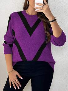 Elenzga Plus Size Women Casual Fashionable Slimming Round Neck Long Sleeve Jacquard Knit Pullover Sweater, Autumn/Winter - Purple - View 4