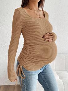 SHEIN Drawstring Ruched Maternity Solid Color Long Sleeve Casual T-Shirt Maternity Top Pregnancy Top Pregnancy Shirt Maternity Clothes Maternity Shirt - Coffee Brown - View 5