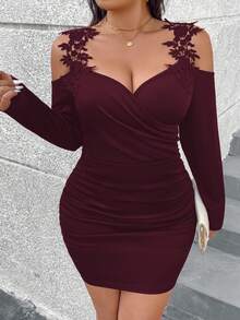 SHEIN Clasi Plus Size Women Off Shoulder Long Sleeve Solid Color Bodycon Dress - Red - View 7