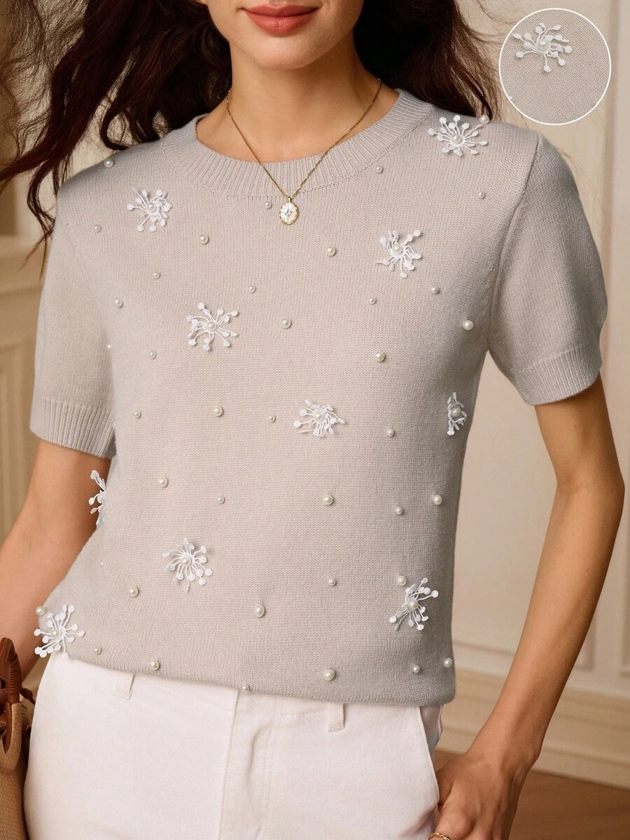 Omancia Women's Beaded Embroidered 3D Floral Casual Gentle Knit Short Sleeve Top, Suitable For Christmas, New Year, Thanksgiving, Halloween, Autumn/Winter