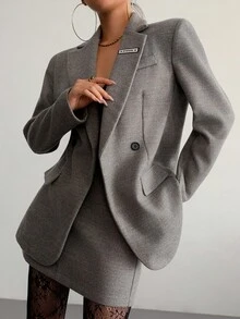 女式灰色长袖羊毛纽扣翻领夹克和迷你裙套装，秋季 - 灰色 - 查看 4