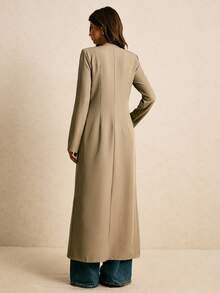 Poéselle Áo khoác nữ dáng dài đơn hàng ngày cổ chữ V màu trơn, cài khuy đơn, mùa thu - Màu Xám nhạt - Xem 5